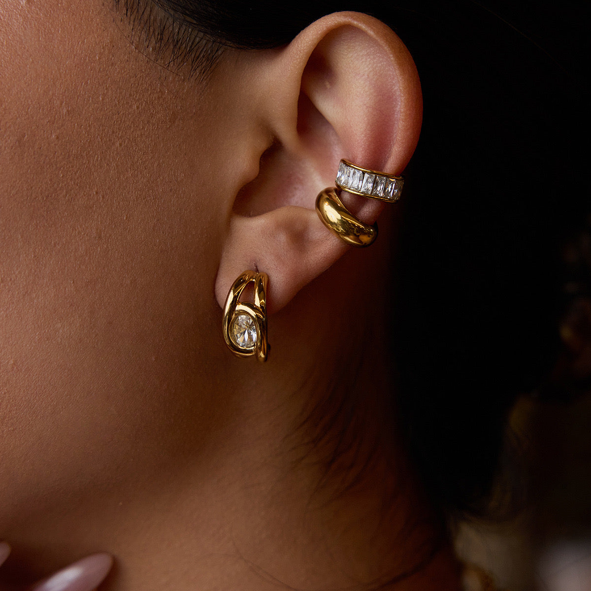 18K Gold Bling Statement Huggie Earrings Ear Cuff Set