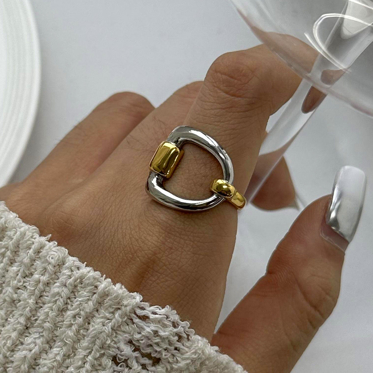 18K Gold and Silver Two Tone Geometric Statement Ring