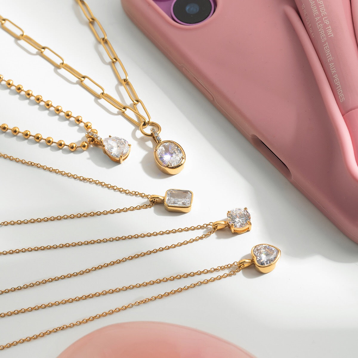 18K Gold Minimal Glow CZ Pendant Paperclip Beaded Chain Layered Necklace Set