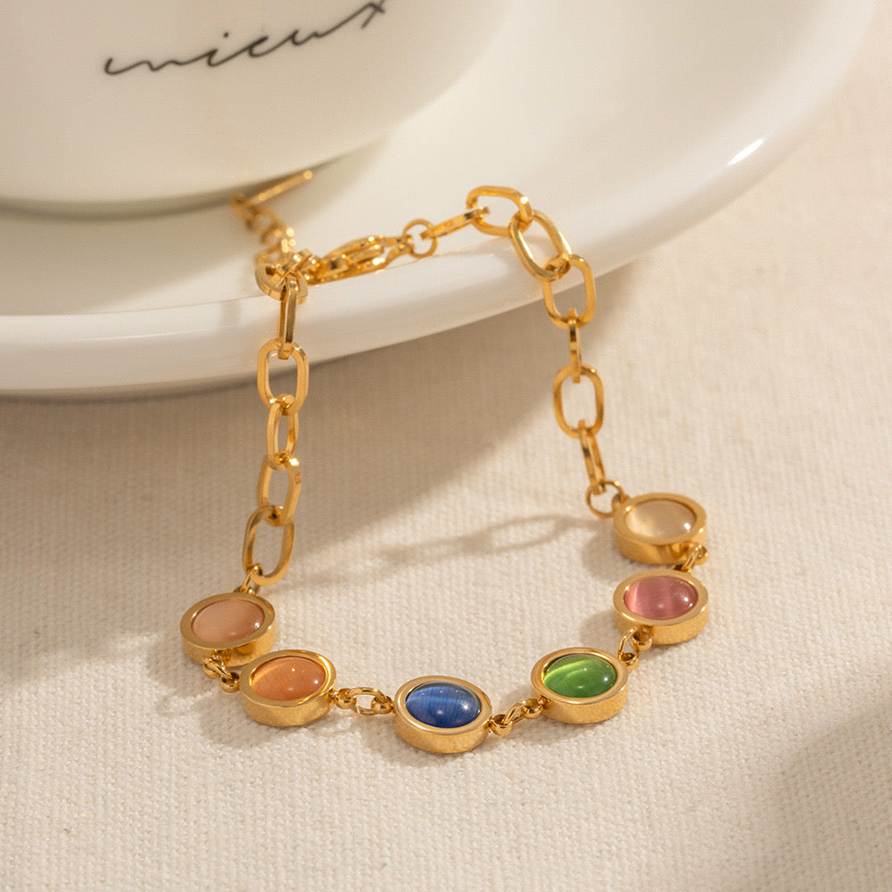 18K Gold Color Cat's Eye Gemstones Chain Bracelet
