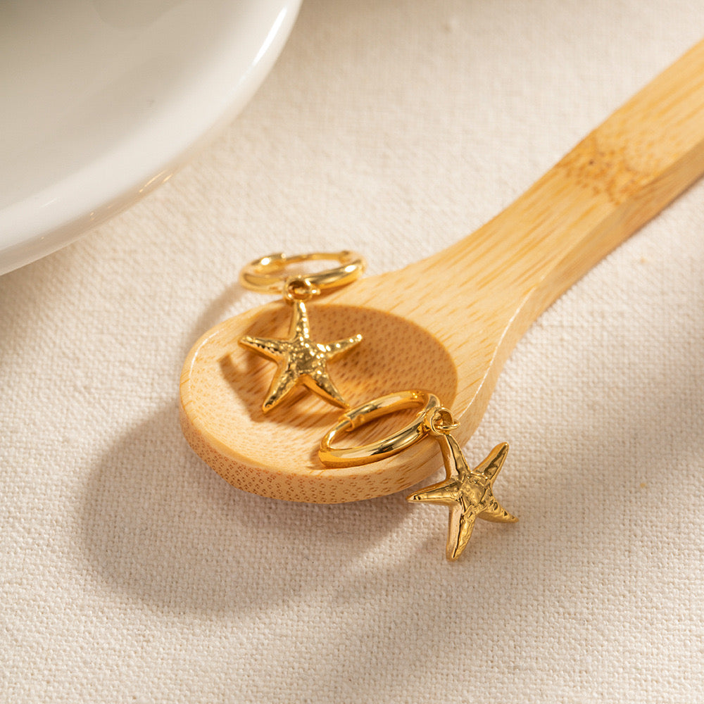 18K Gold Star Huggie Earrings with Charm
