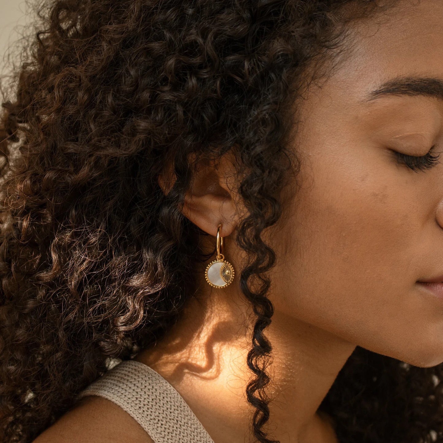 18K Gold Sun Coin Small Hoop Huggie Earrings with Charm
