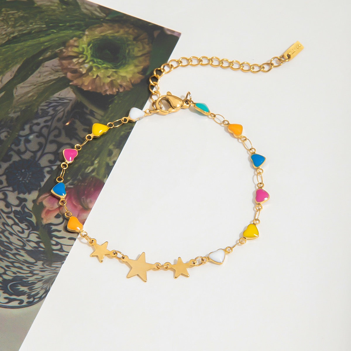 18K Gold Stars Align Dainty Chain Colorful Hearts Bracelet Stack