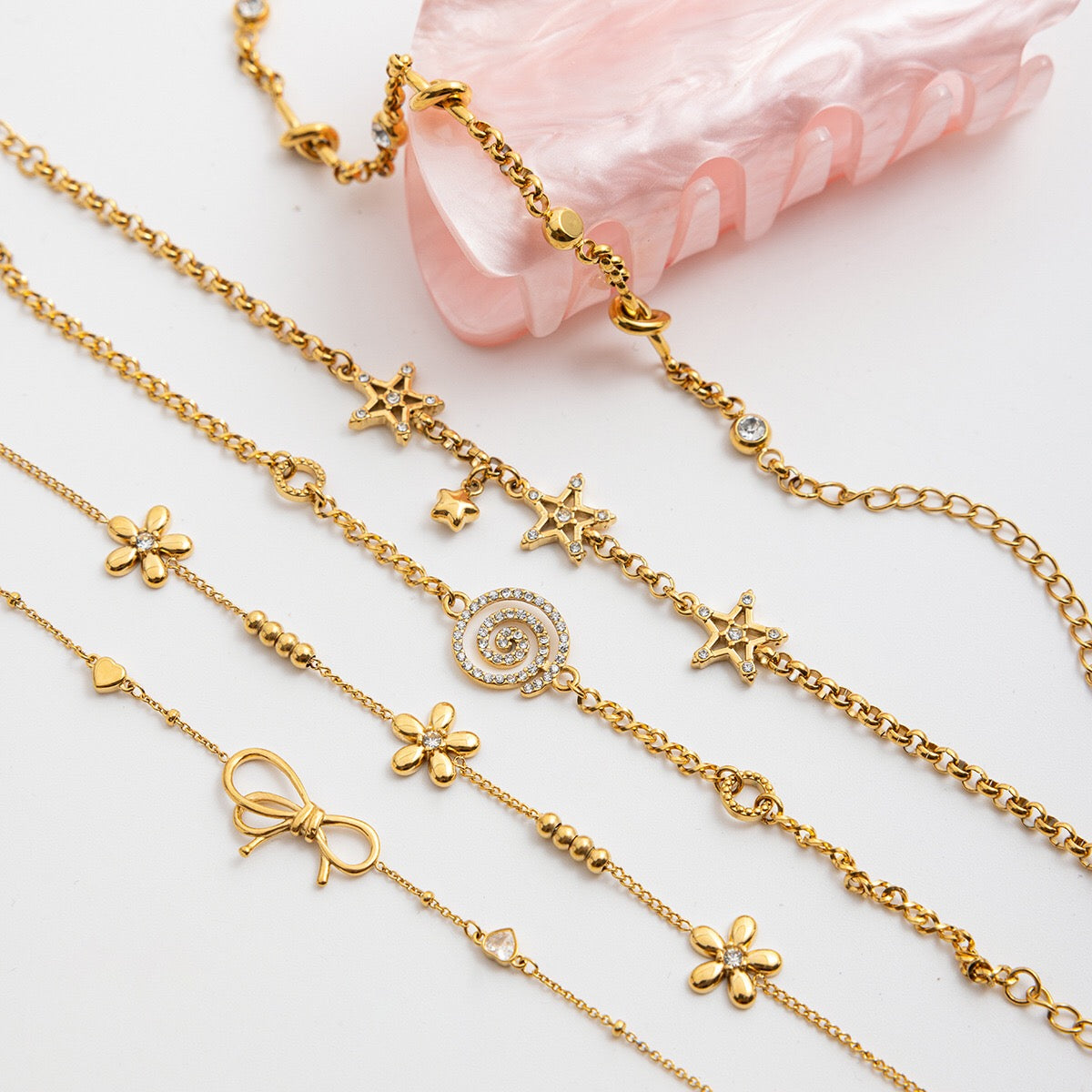 18K Gold Shimmering Dainty Flower Bow Bracelet Stack