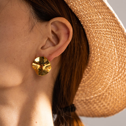 18K Gold Textured Round Plate Statement Stud Earrings