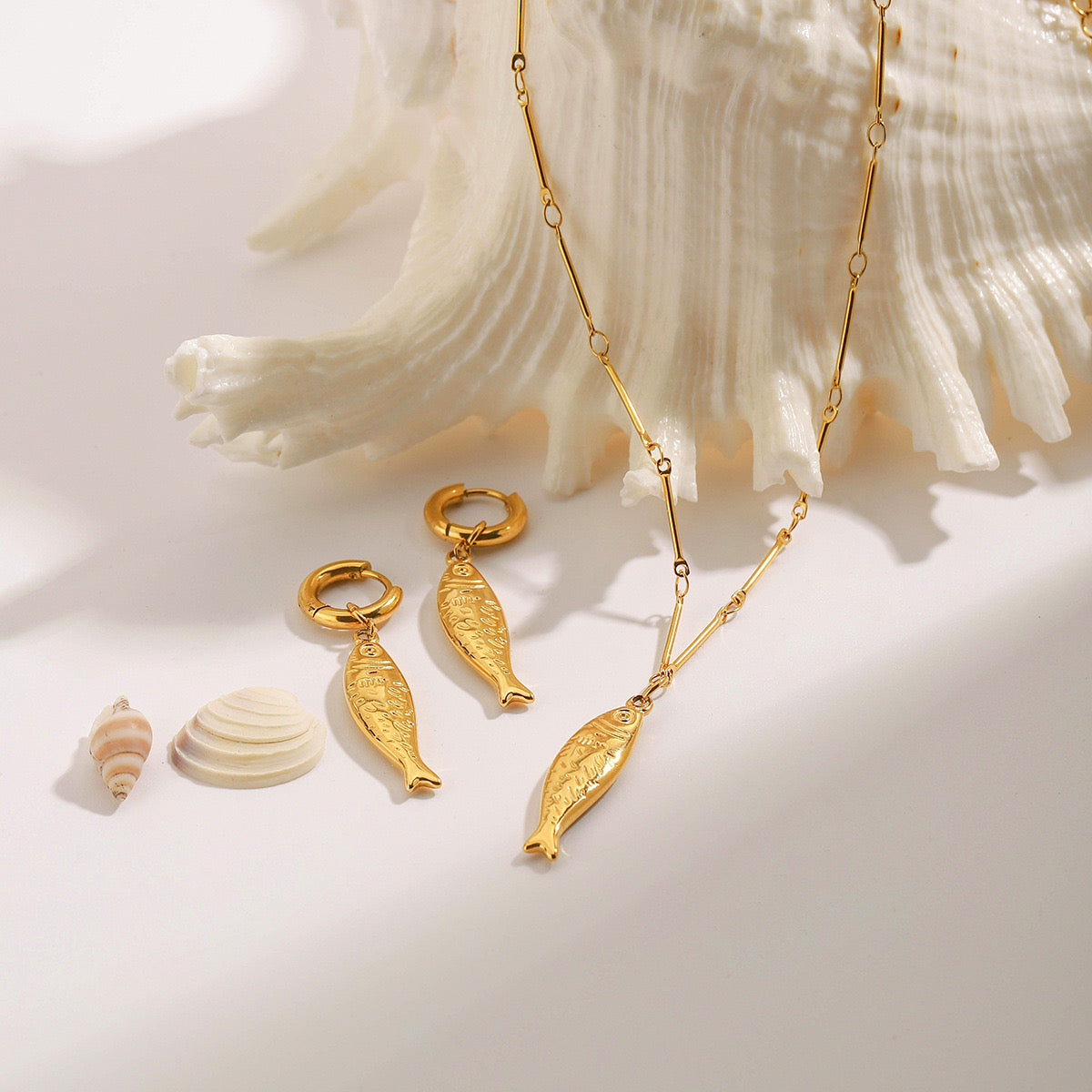 18K Gold Ocean Themed Fish Small Hoop Huggie Earrings with Charm