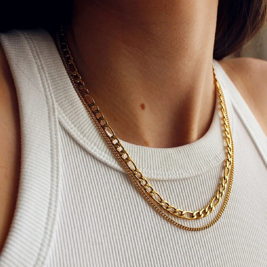 18K Gold Figaro Chain Double Layered Necklace