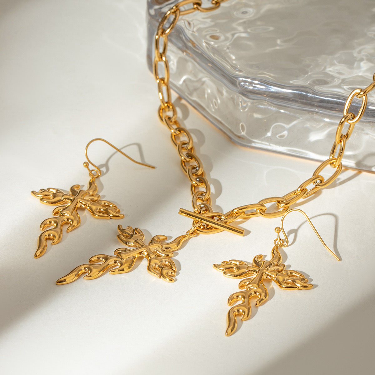 18K Gold Fire Cross Pendant Paperclip Chain Statement Necklace