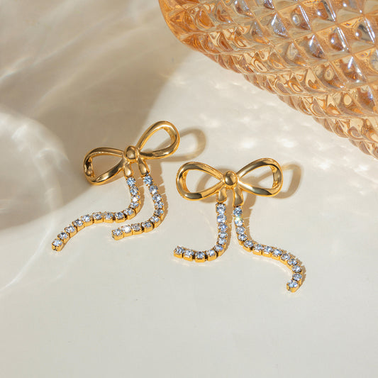 18K Gold Bling Bow Dangle Drop Earrings