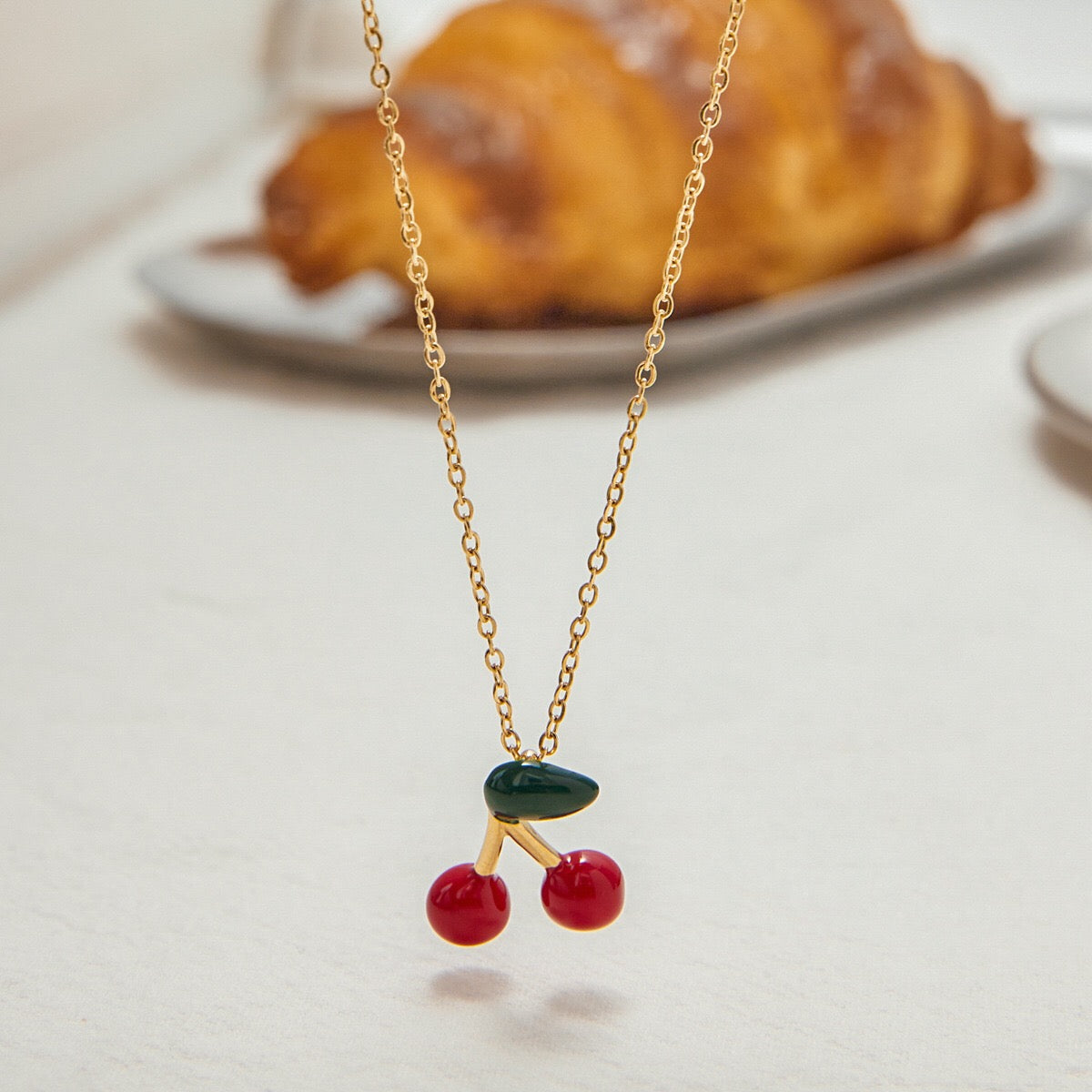 18K Gold Dainty Cherry Pendant Cute Choker Necklace