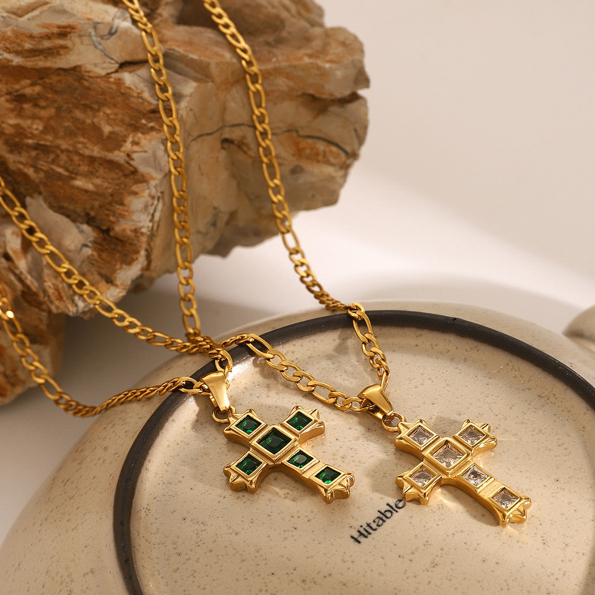 18K Gold Gemstone Cross Pendant Figaro Chain Statement Necklace