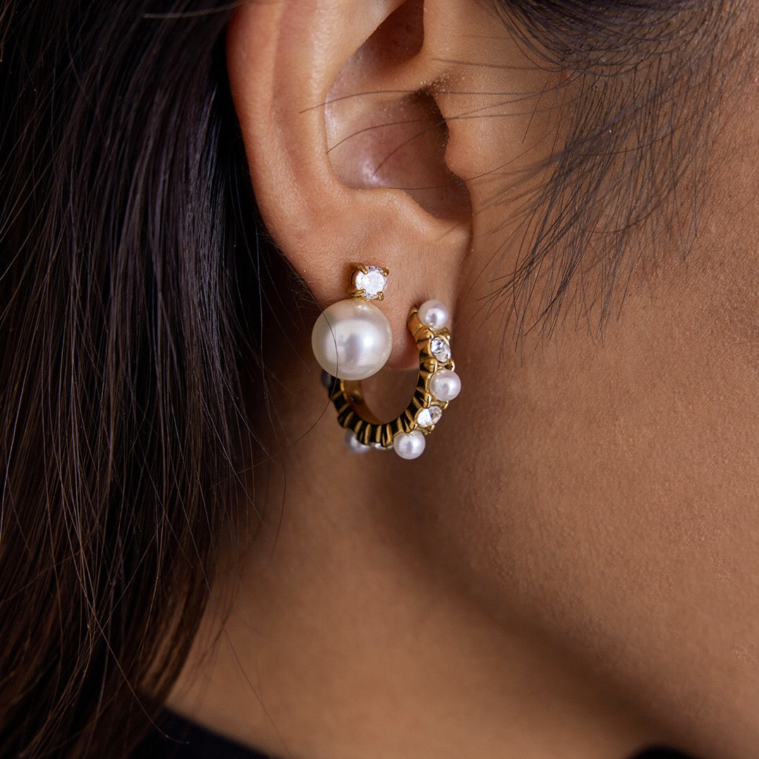 18K Gold Bling Pearl Small Hoop Huggie Earrings