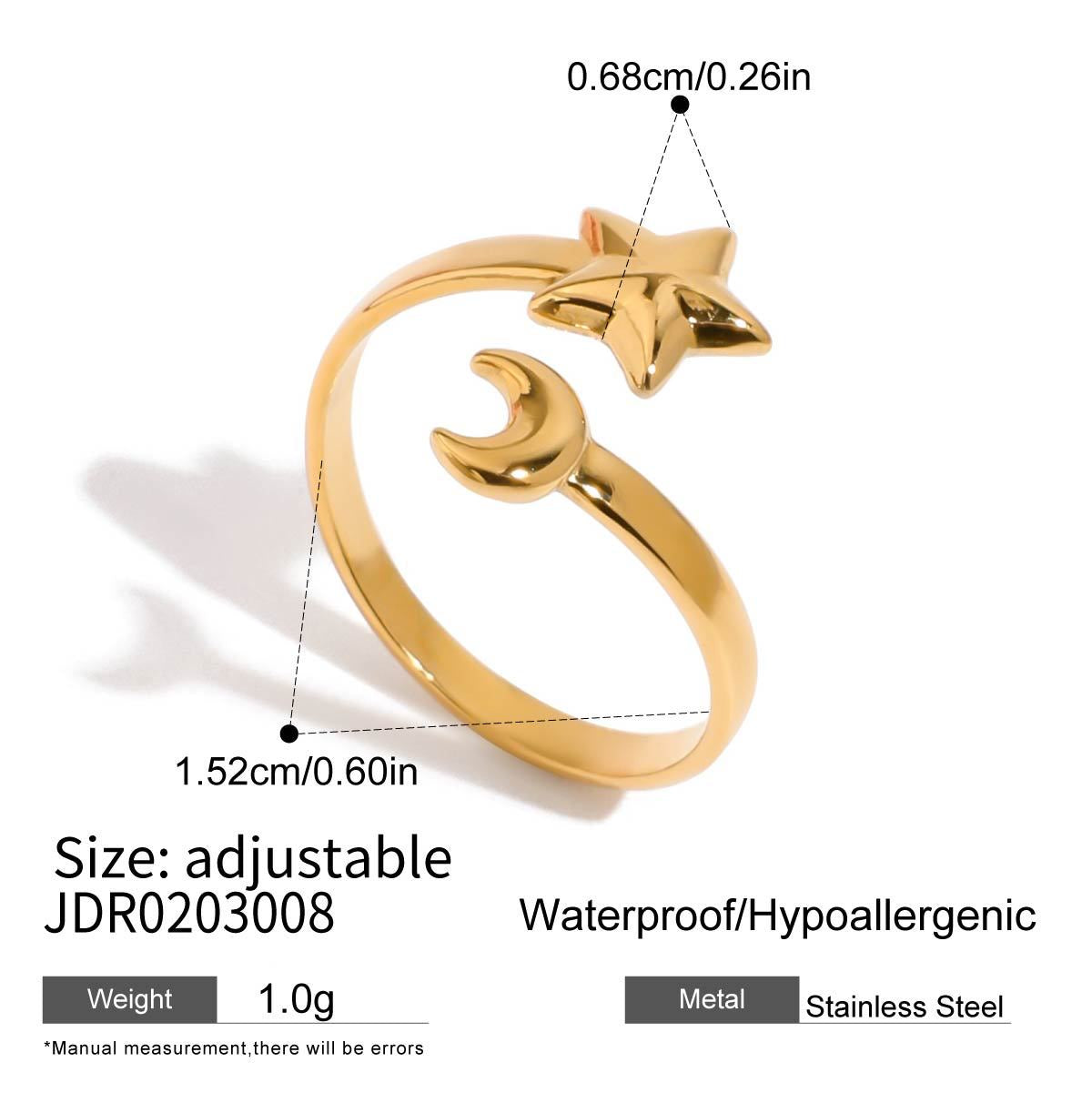 18K Gold Star and Moon Two Tone Silver Ring