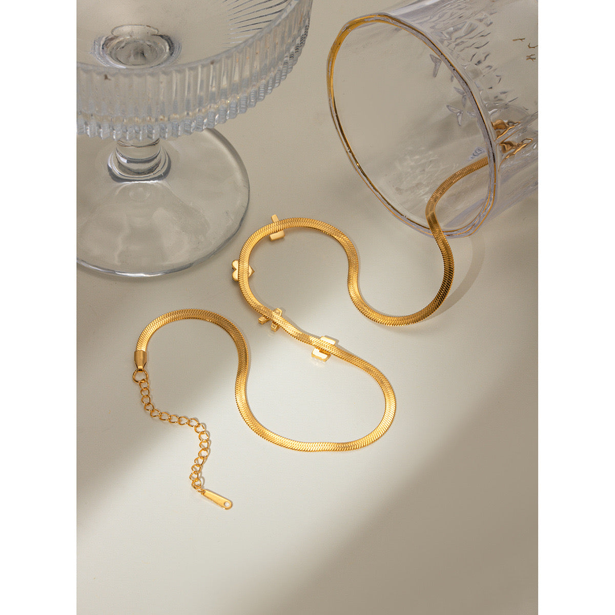 18K Gold LOVE Herringbone Snake Chain CZ Collar Necklace