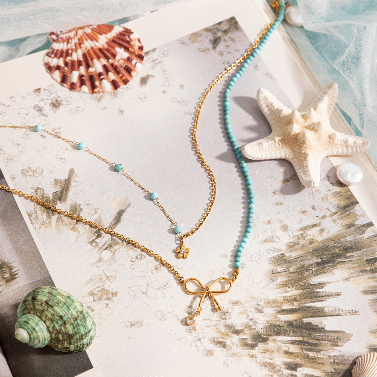 18K Gold Turquoise Beads Bow Pendant Double Chain Layered Necklace Set