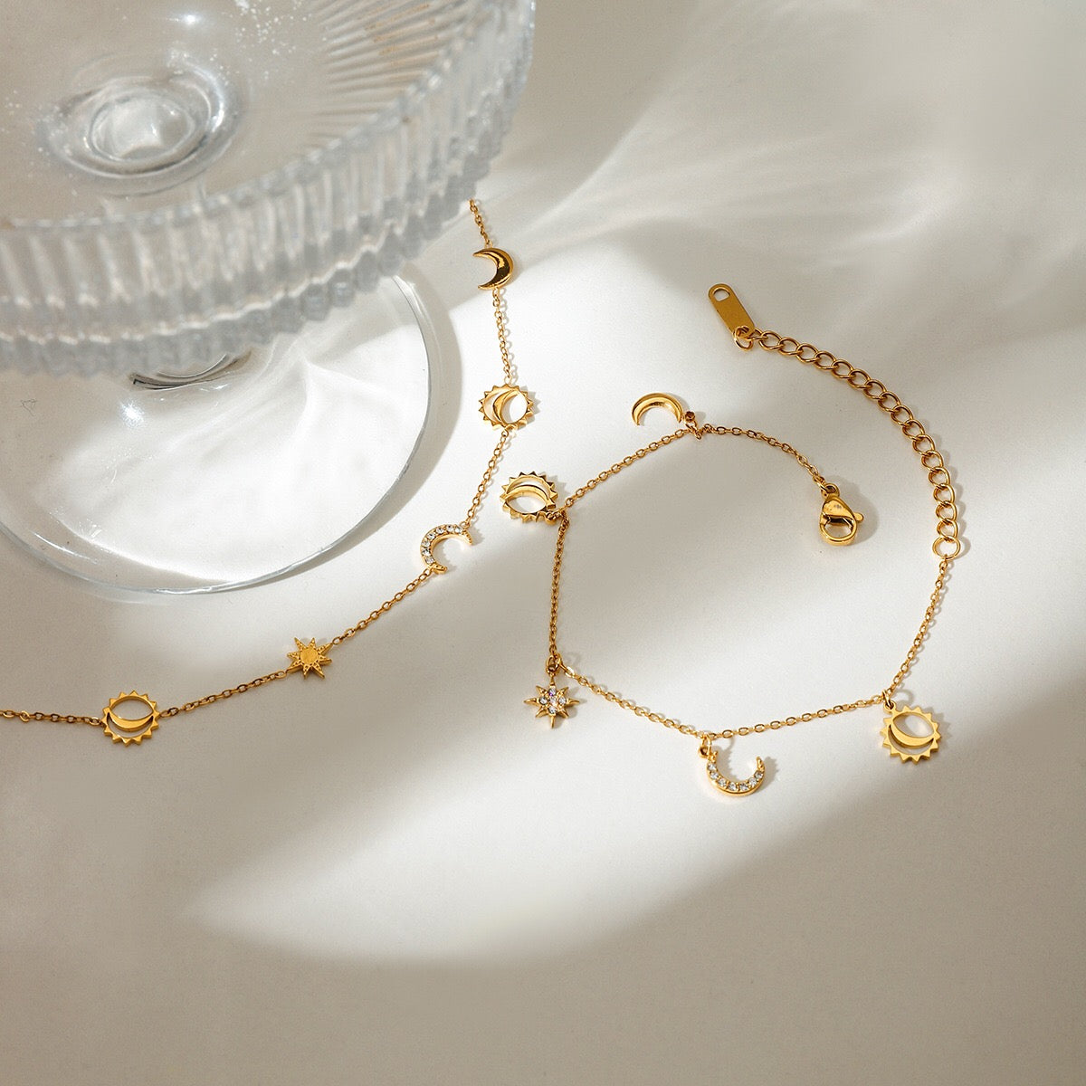 18K Gold Moon and Star Celestial Charm Chain Bracelet