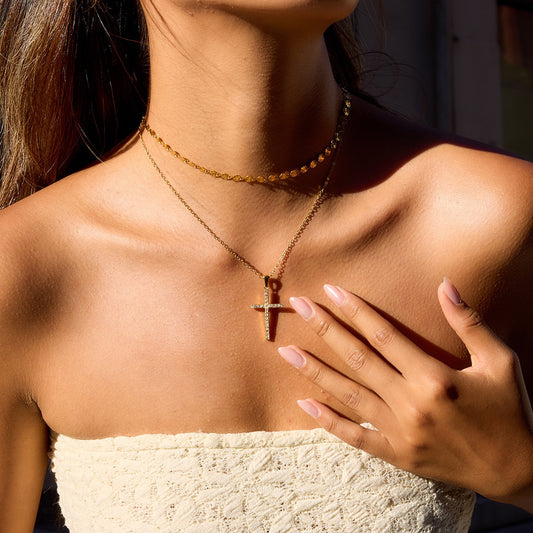 18K Gold Elegant Bling Cross Pendant Necklace