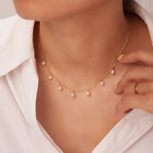 18K Gold Dainty Floating Pearl Chain Necklace