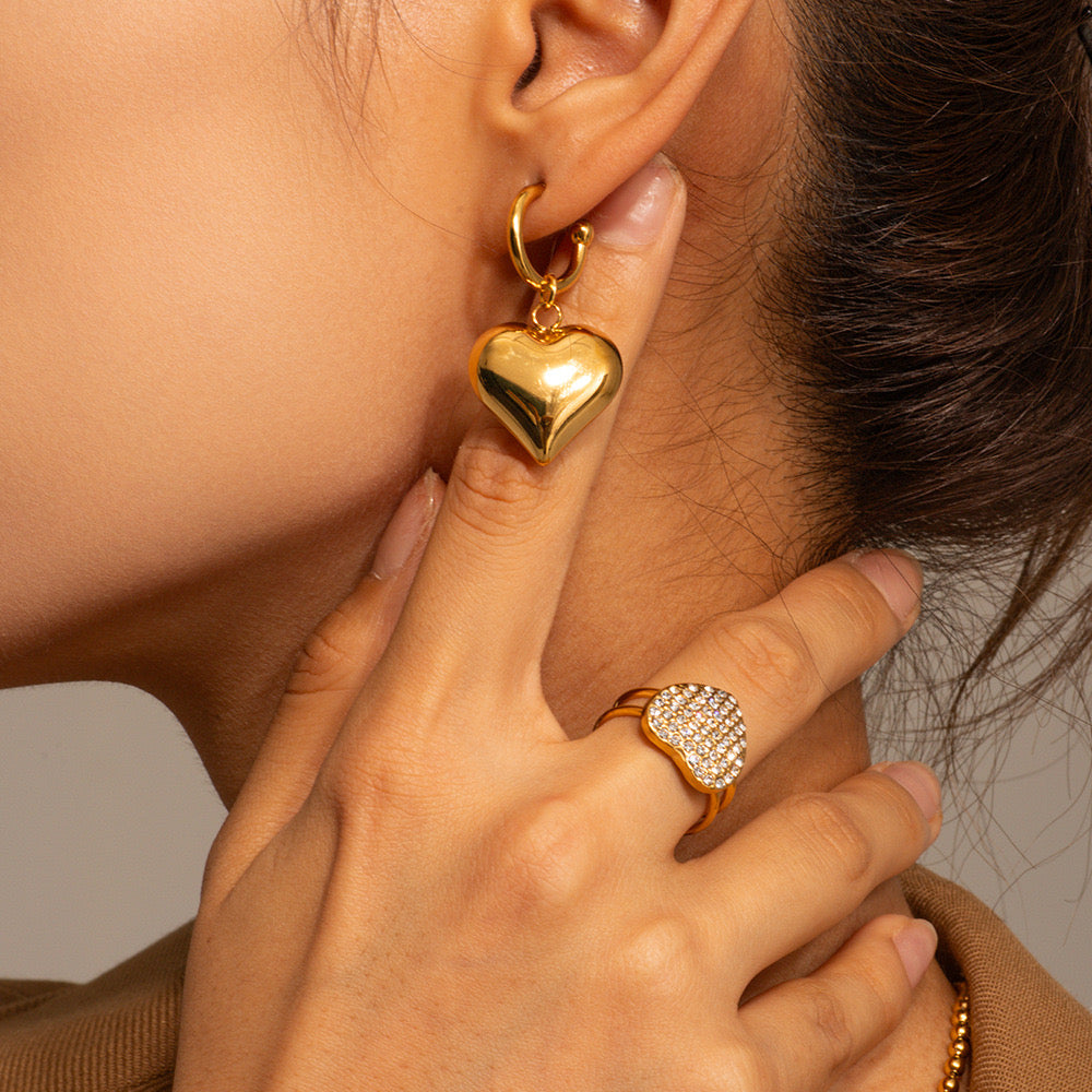 18K Gold Heart Dangle Huggie Earrings with Charm
