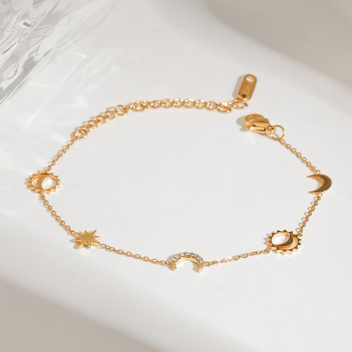 18K Gold Moon and Star Celestial Charm Chain Bracelet