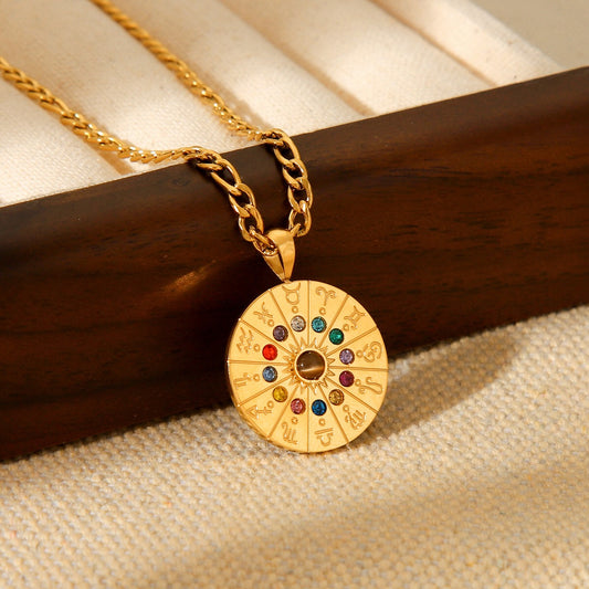 18K Gold Zodiac Astrology Coin Pendant Figaro Chain Pendant Necklace