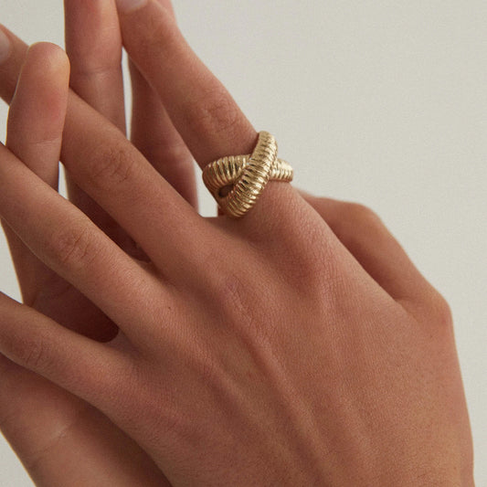 18K Gold Ribbed Cross Band Ring