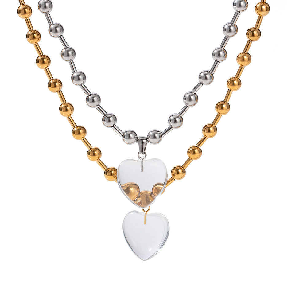 18K Gold Clear Jelly Heart Pendant Beaded Ball Chain Necklace