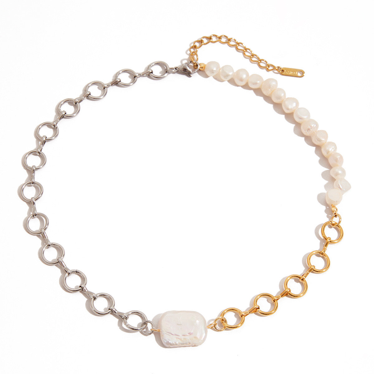 18K Gold Two Tone Chunky Beaded Pearl Paperclip Chain Layered Necklace Set