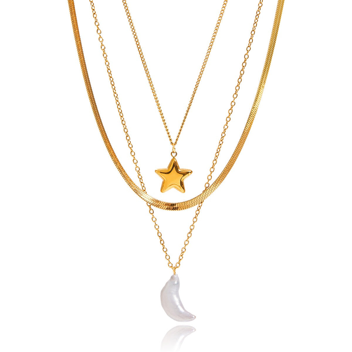 18K Gold Celestial Dream Star Pendant Pearl Moon Herringbone Chain Layered Necklace Set