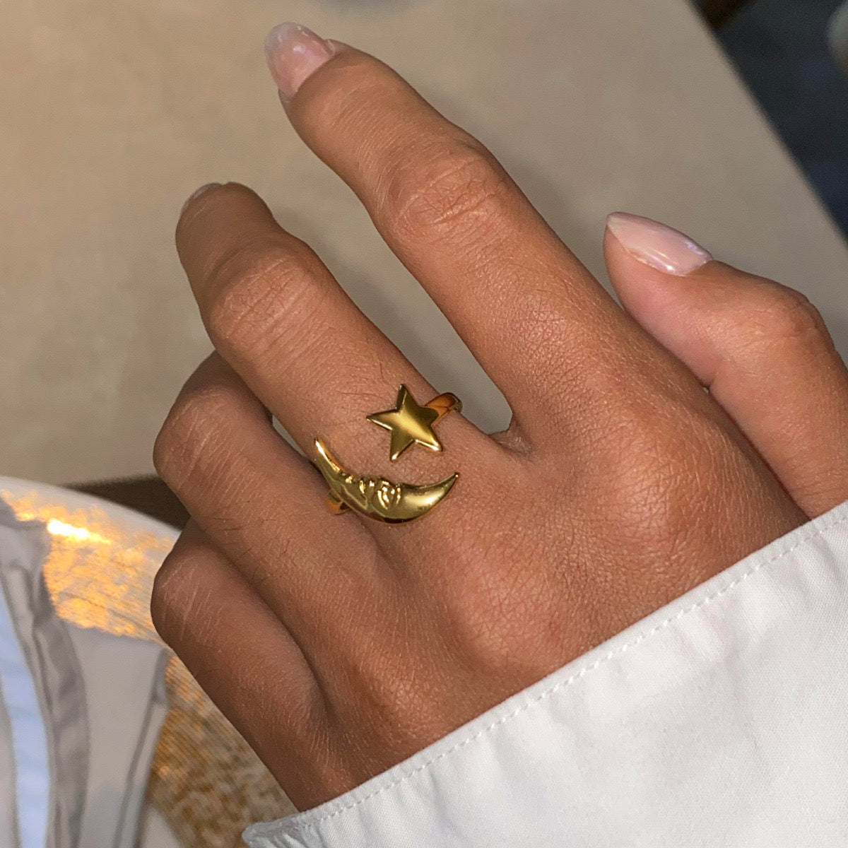 18K Gold Moon And Star Cuff Ring