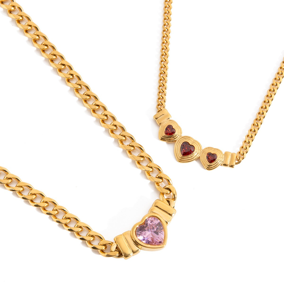 18K Gold Crimson Crush Red Pink Heart Cuban Link Chain Necklace