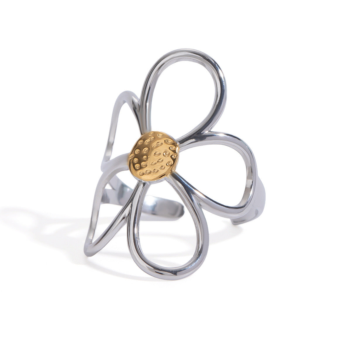 18K Gold Two Tone Daisy Flower Silver Ring