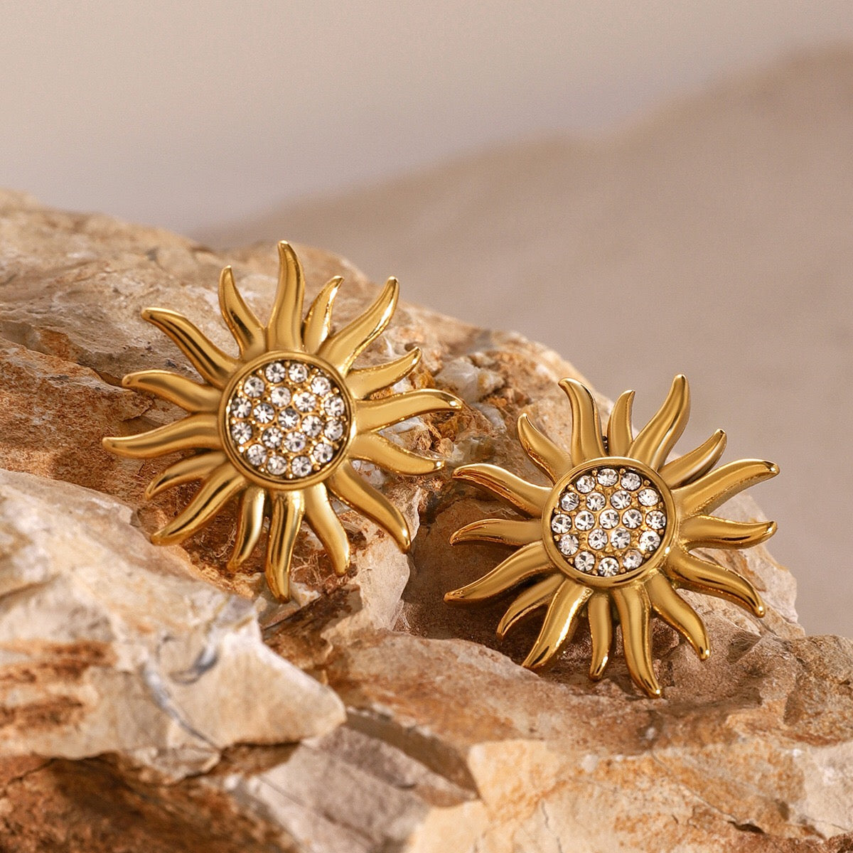 18K Gold Bling Sunflower CZ Statement Stud Earrings