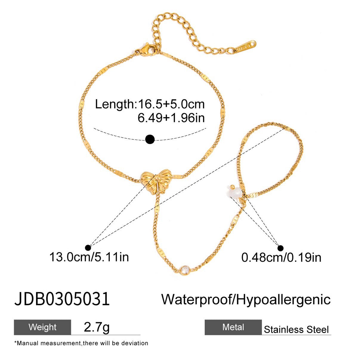 18K Gold Waterproof Dainty Coquette Bow Hand Chain Bracelet