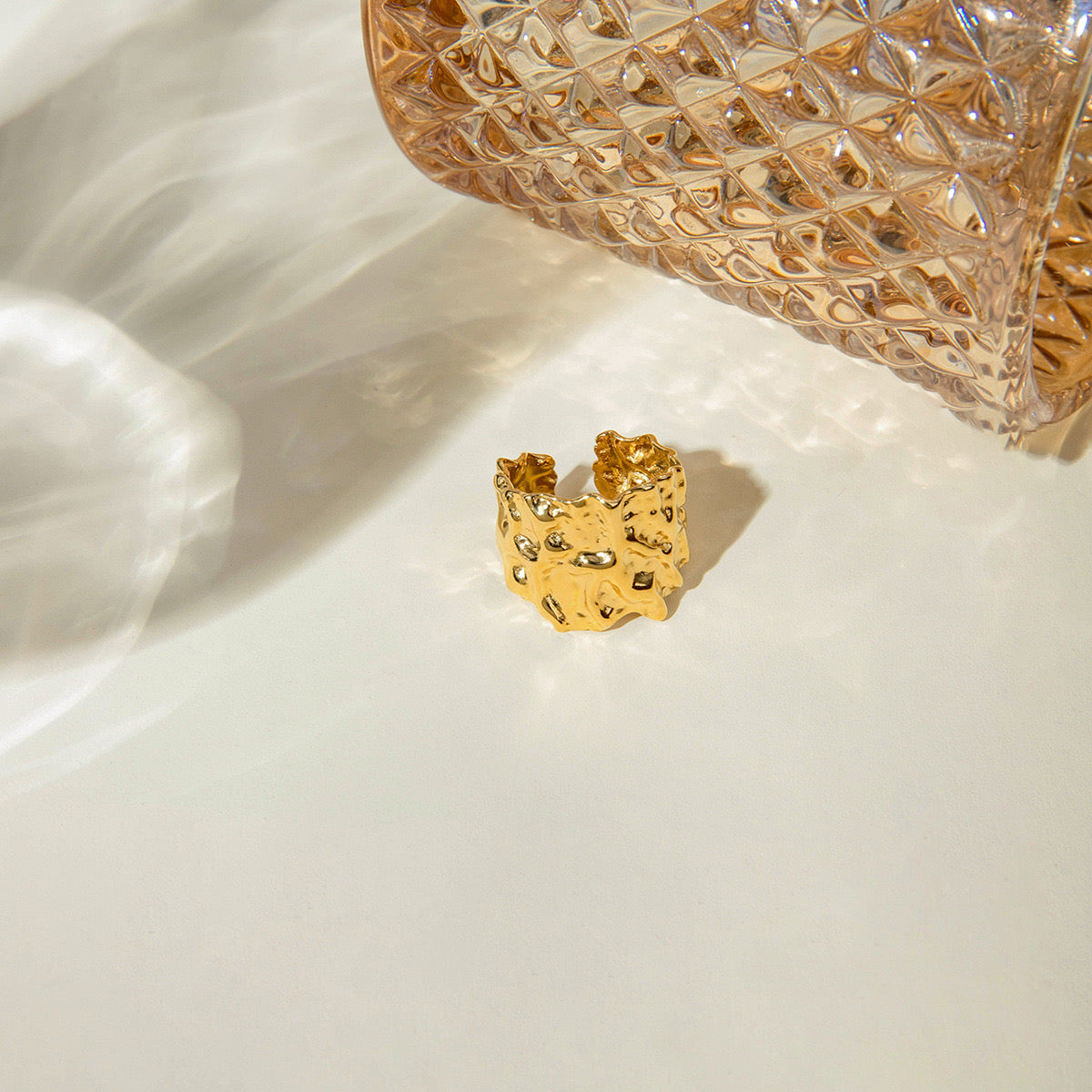 18K Gold Hammered Texture Statement Band Ring