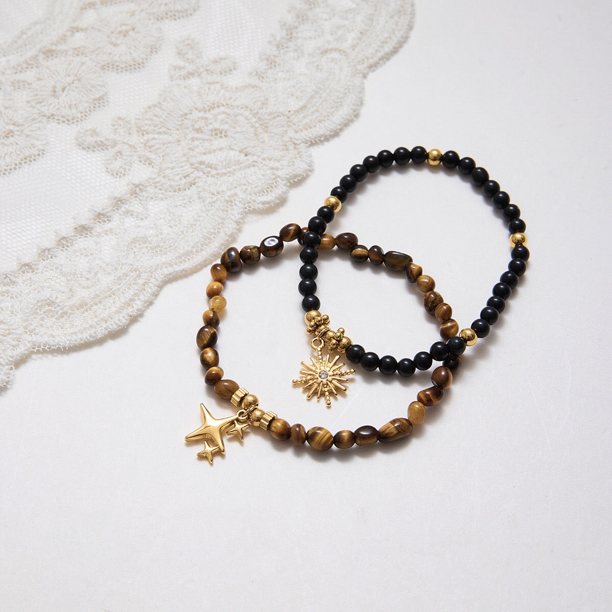 18K Gold Tiger Eye Starry Charm Beaded Bracelet Stack