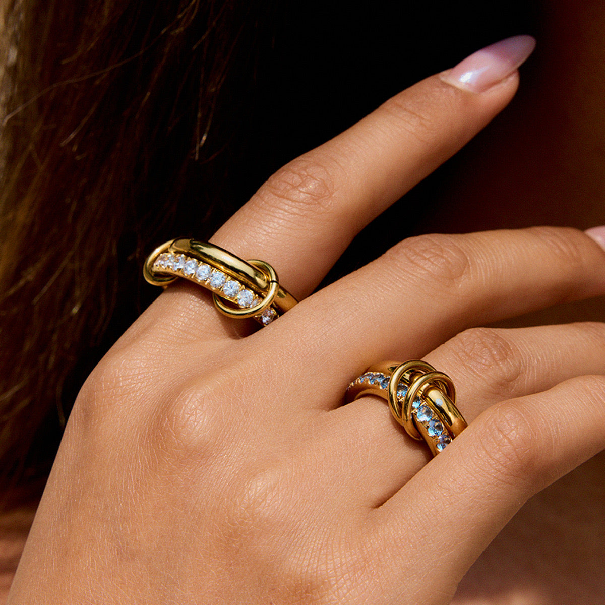 18K Gold Double Link Connected Stacking Pave Ring