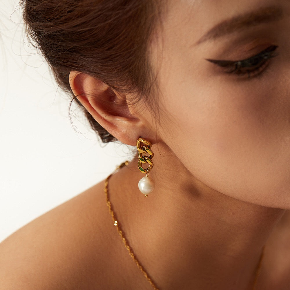 18K Gold Cuban Link Pearl Stud Dangle Earrings
