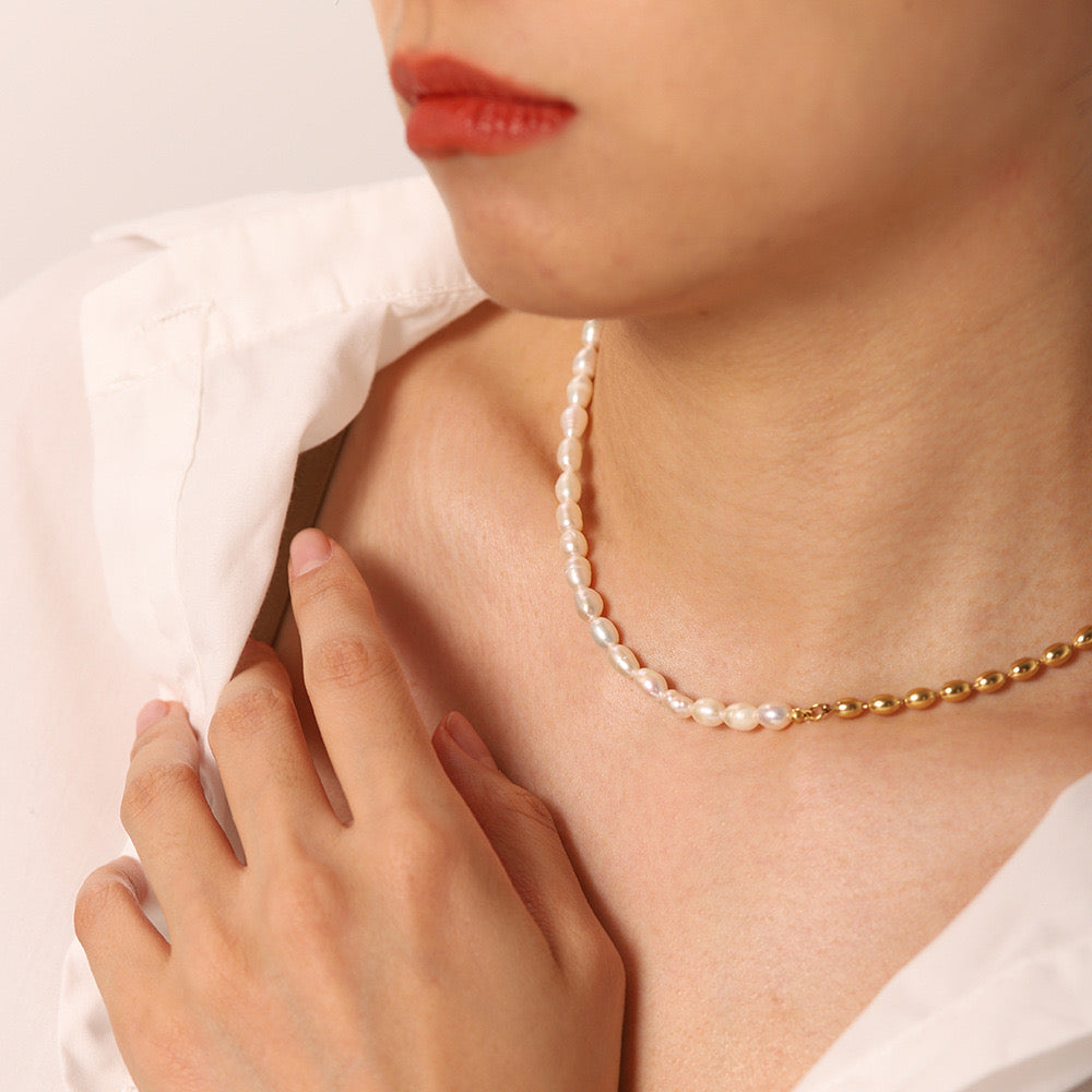 18K Gold Half Pearl Half Ball Chain Beaded Collar Necklace
