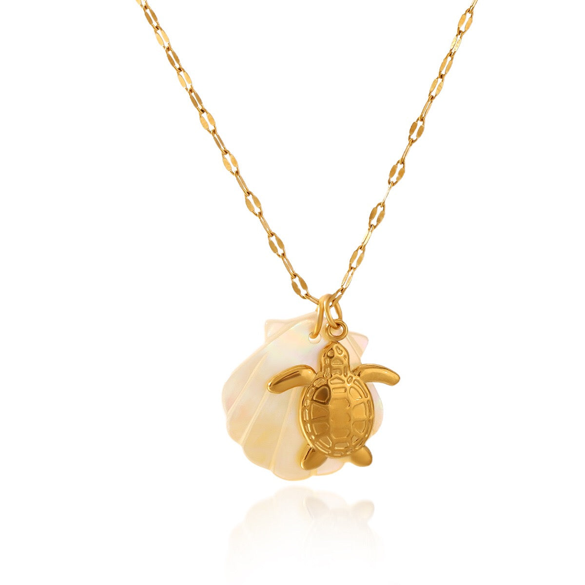18K Gold Mother of Pearl Seashell Ocean Charm Pendant Necklace