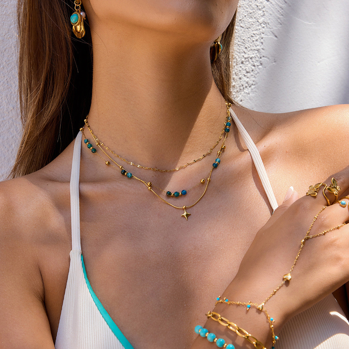 18K Gold Dainty Star Pendant Ocean Blue Beaded Layered Necklace Set