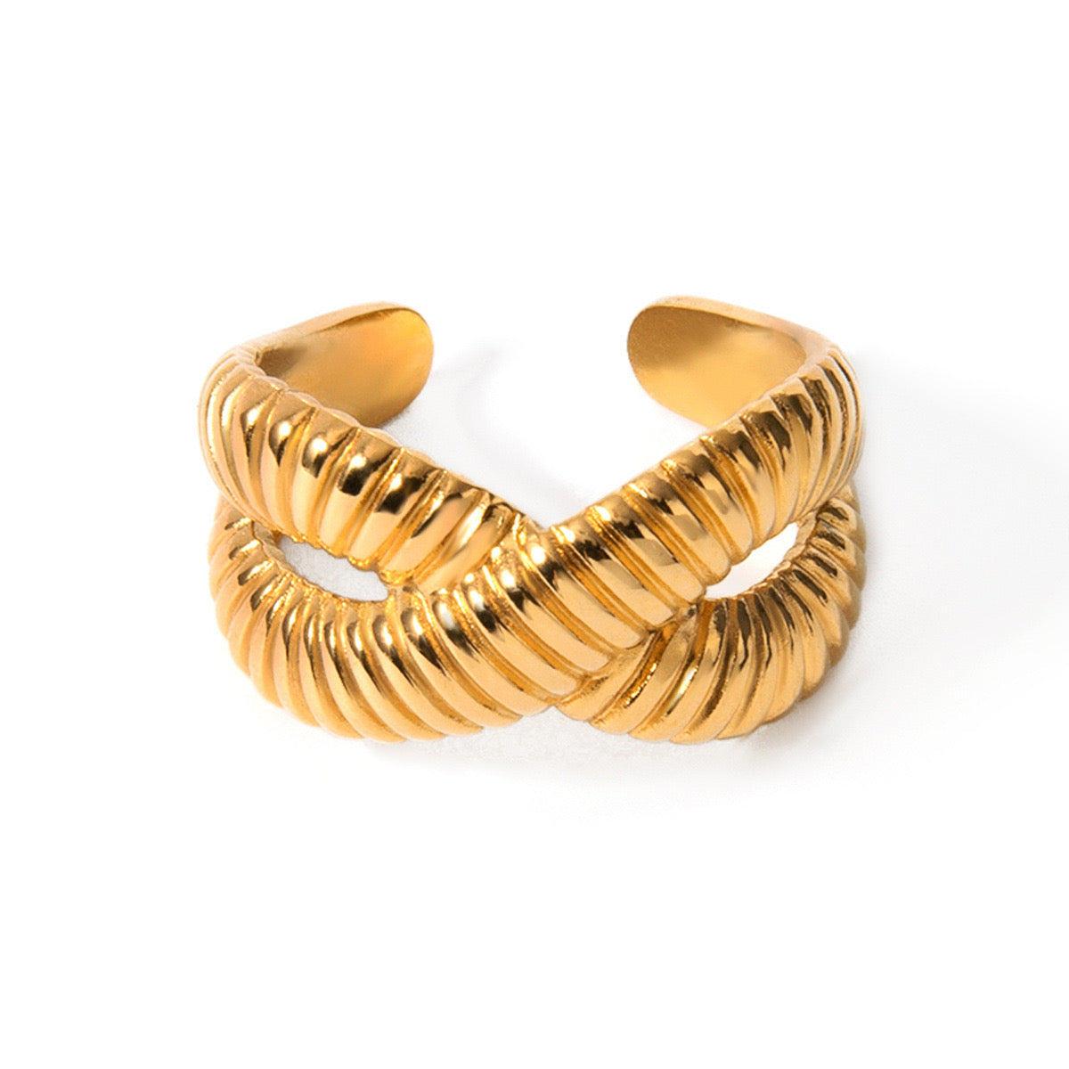 18K Gold Ribbed Cross Band Ring