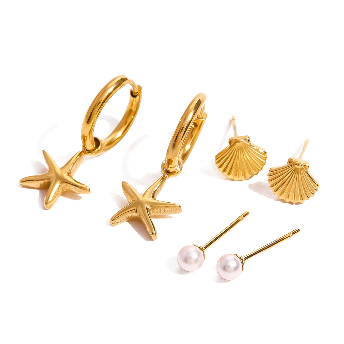 18K Gold Summer Seashell Studs Huggie Earrings Set