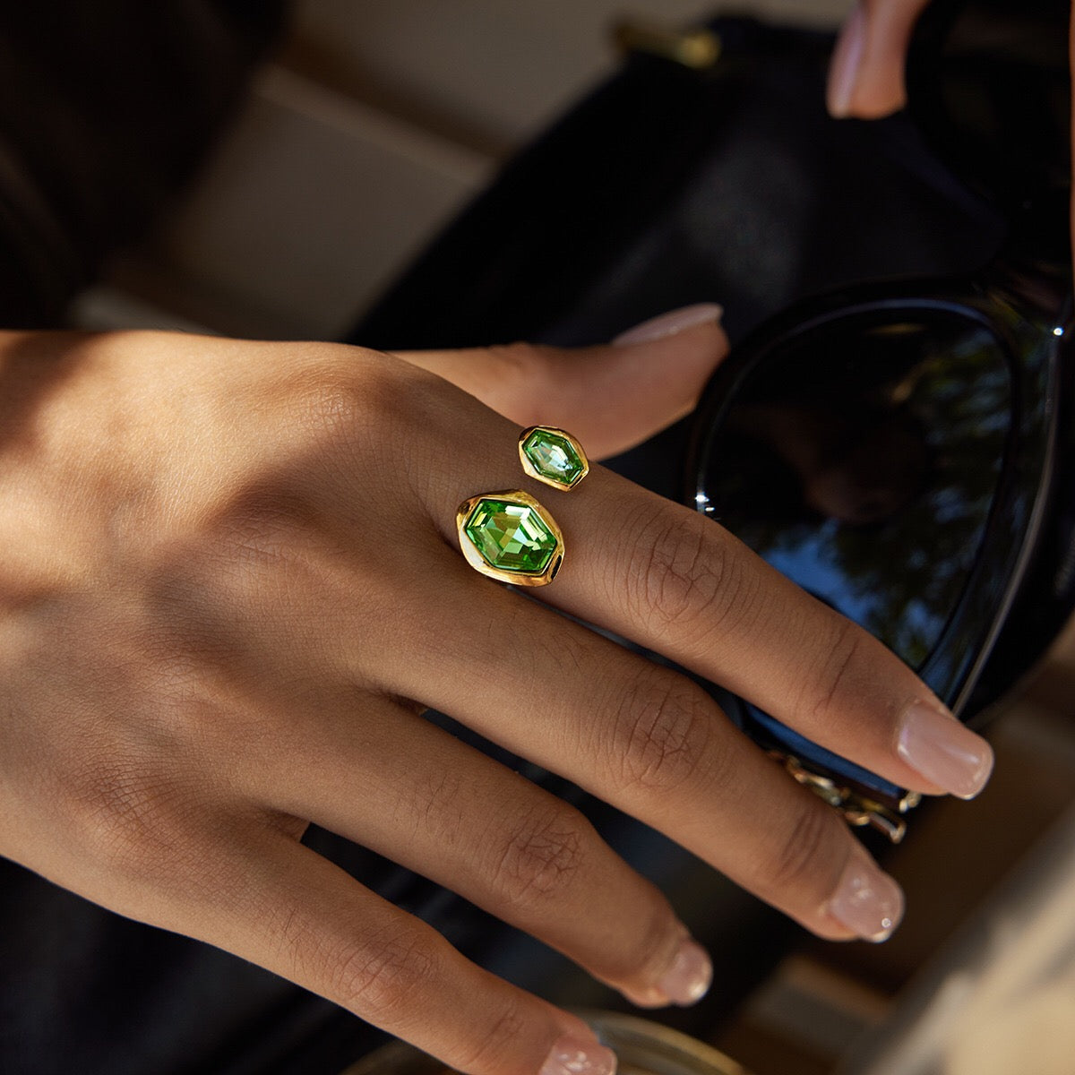 18K Gold Royal Emerald Green Statement Cuff Ring