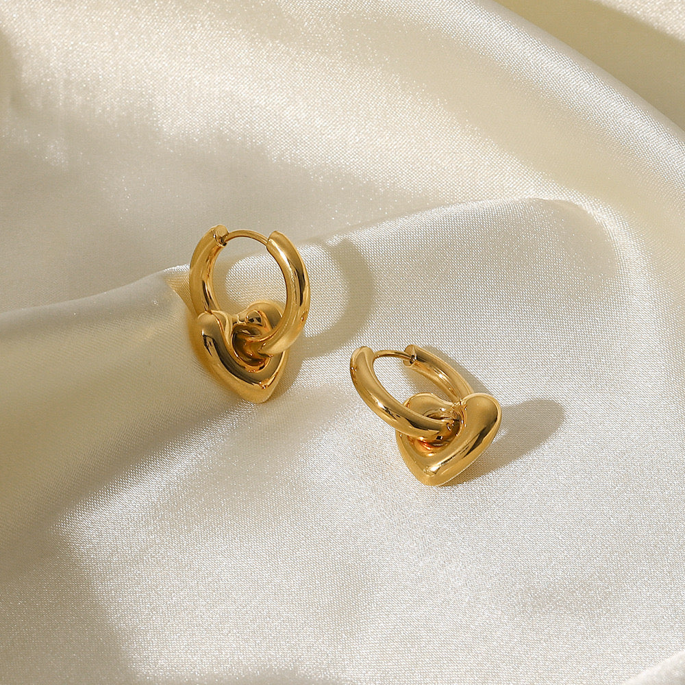 18K Gold Heart Huggie Earrings