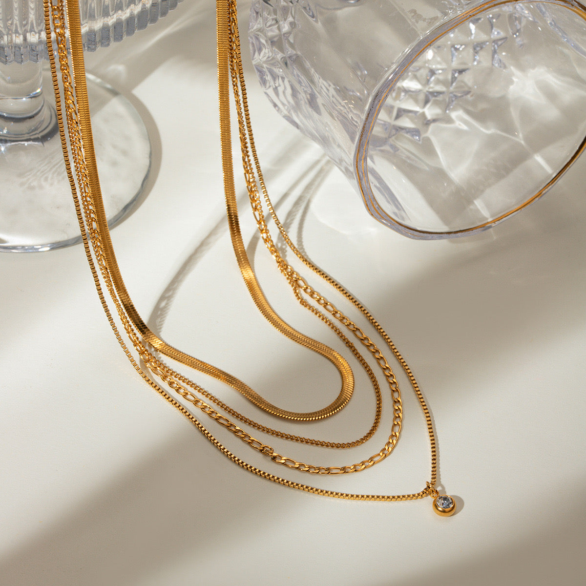 18K Gold North Star Herringbone Snake Chain Figaro Layered Necklace Set