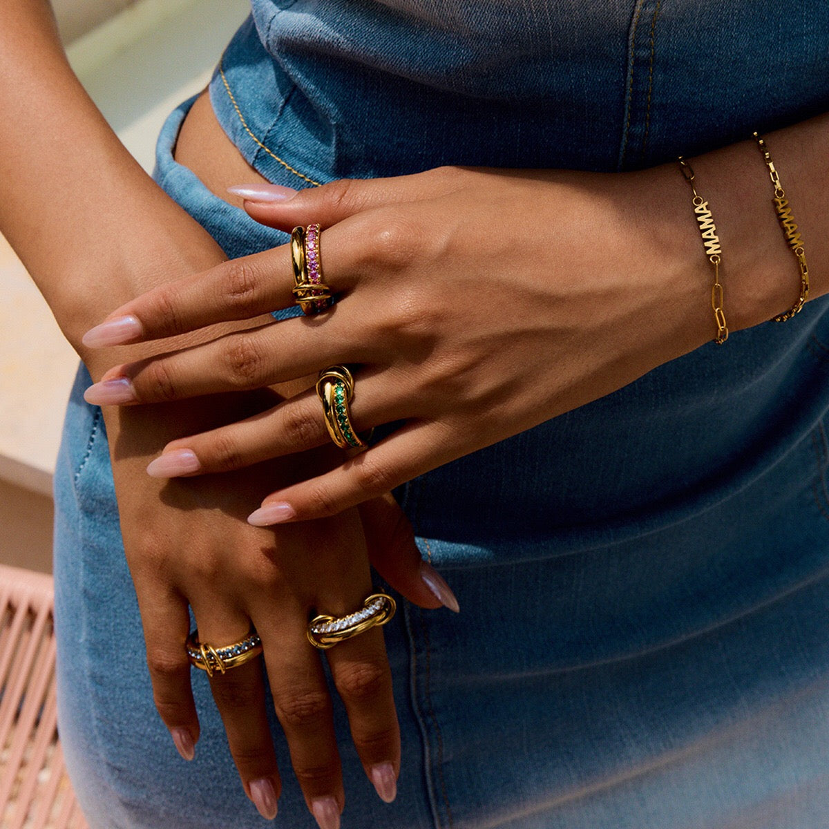 18K Gold Double Link Connected Stacking Pave Ring