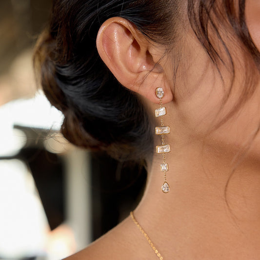 18K Gold Allure CZ Long Drop Dangle Earrings