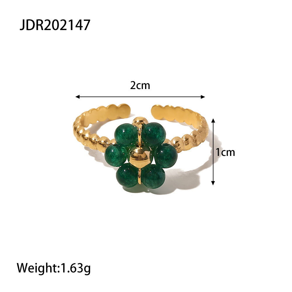 18K Gold Emerald Beaded Lucky Flower Ring