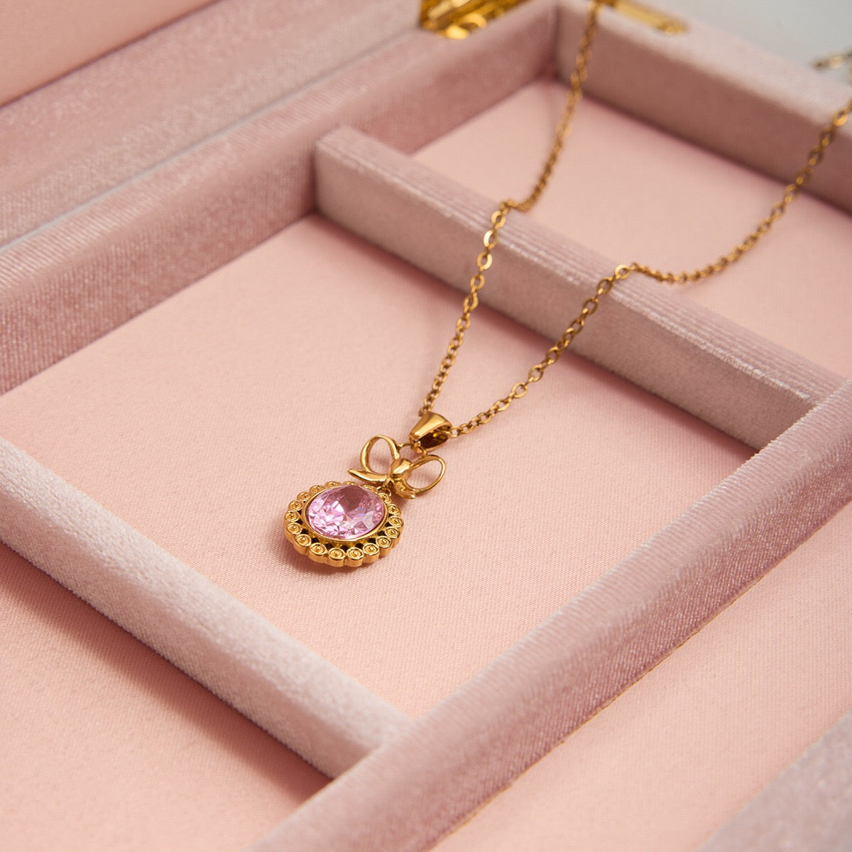 18K Gold Pink Majesty Bow Pendant Necklace